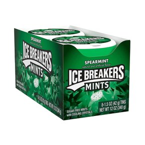 [해외직구] 아이스  브레이커  ICE  BREAKERS  스피어민트  무설탕  민트  홀리데이  1.5온스  통  8개