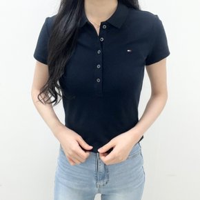 여성 5버튼 슬림핏 미니 플래그 로고 피케 카라 반팔 티셔츠