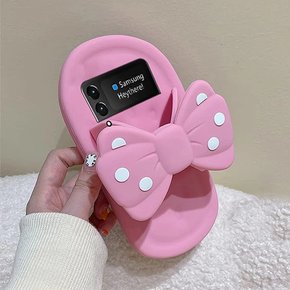 갤럭시 z플립 5 4 3 귀여운 핑크 슬리퍼 리본 손잡이 핸드 스트랩 특이한 실리콘 지플립 케이스