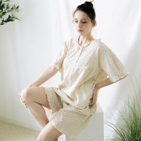 테라우드 여성 슬림 순면 들꽃 퍼프 반팔 여름 잠옷 상하세트