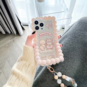 아이폰 14 13 12 11 pro max 프로 맥스 귀여운 곰돌이 소녀 핑크 구슬 프레임 거치대 손목 스트랩 케이스
