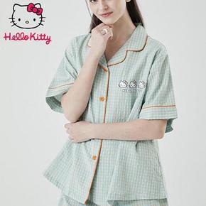 산리오 헬로키티 홈웨어 체크 반소매 페어 상하세트 부드러운 면잠옷 HK-4286