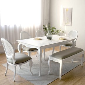 린 프렌치 앤틱 포세린 세라믹 6인용 식탁 + 아이린 라탄 의자 벤치 세트