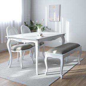 린 프렌치 엔틱 포세린 세라믹 4인용 식탁 + 아이린 라탄 의자 벤치 세트
