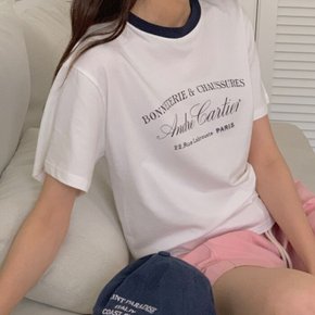 문비글 / 완소아이템 배색 라운드 레터링 모달 반팔 티셔츠