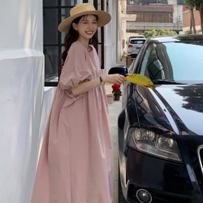 여성 데일리 여름 퍼프소매 핑크 원피스