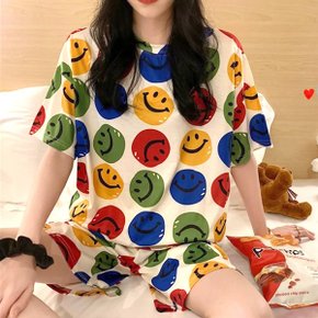 여성 반팔 코튼 티셔츠 파자마 상하세트 잠옷 라운지웨어 여름 캐주얼 반바지 .._P343810539