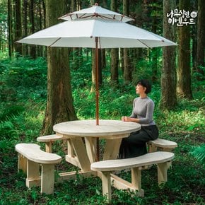 야외용 원형 원목 테이블+파라솔 세트 야외 카페 정원 일체형 월넛색
