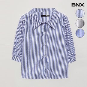 스트라이프 퍼프 소매 카라 반팔 셔츠 (BU1BL024L0)