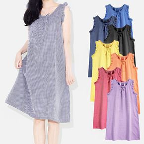 셔링 리본 포인트 여성 홈웨어 체크 원피스 여름 잠옷
