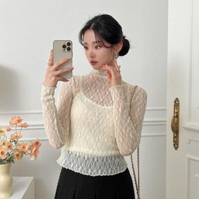 [옷자락] 여자 봄 정장 하객룩 레이스 시스루 폴라 티셔츠