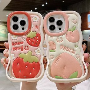 아이폰 14 13 12 11 프로 맥스 PRO MAX 예쁜 딸기 복숭아 과일 패턴 디자인 물결 라인 테두리 접이식 거치대 손잡이 귀여운 실리콘 휴대폰 케이스
