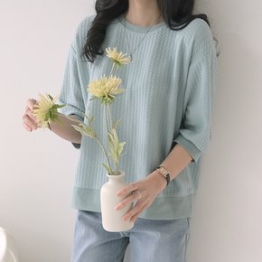 스왈로 여성 와플 엠보싱 패턴 반팔 시보리 5부 소매 루즈핏 티셔츠