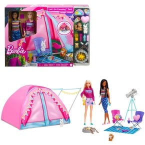 (Barbie)   HGC18 바비 귀여운 핑크 텐트와 캠프 세트 영화 [바비]에 등장 [옷차림 인형][돌 2체