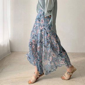 네모엔룩 여성스러움이 돋보이는 몰디브 시스루 꽃나염 쉬폰 패턴 언밸런스 프릴 롱 스커트