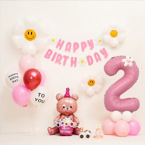 데이지핑크곰돌이 가랜드 생일풍선세트 숫자2