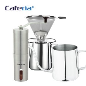 카페리아 핸드드립 홈카페 3종세트(CDSS1/CM8/CKPS2) 커피그라인더+드립세트+드립포트[커피용품/커피필터/스텐필터/커피서버/스텐서버/드립용품/드립주전자/캠핑용품]