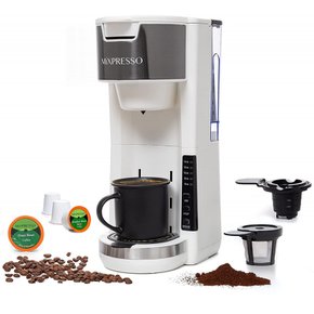 [해외직구] Mixpresso  싱글  서브  2  in  1  커피  브루어  K컵  포드  호환  앤  분쇄  커피컴팩트  커피  메이커  싱글  서브  30온스  분리형  리저버  5  추출  크기  앤  조정  가능한  드립  트레이  화이트
