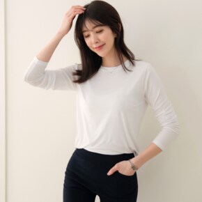 드리다 라운드 슬림 롱 긴팔 이너 스판 흰색 얇은 티셔츠 검정 40-50대 미시 중년 여성 봄 가을