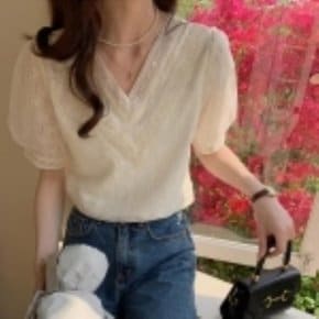 여자 여름 러블리 스팽글 브이 퍼프 블라우스