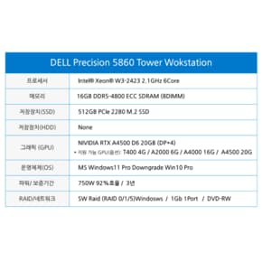 델 프리시전 5860T W3-2423 4.0G 16GB 512SSD A4500 WIN11