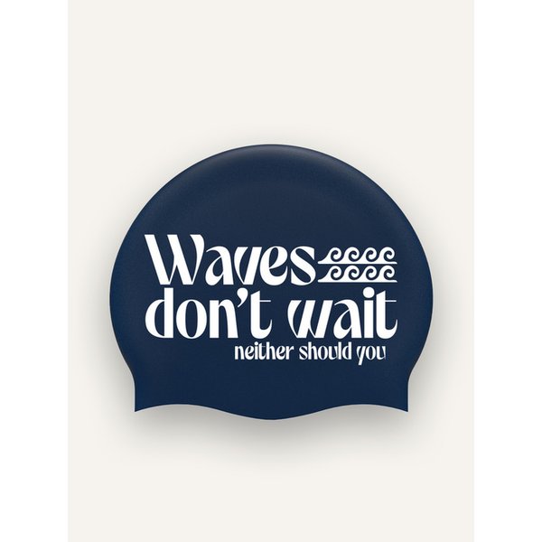 Waves Dont Wait Navy Silicone Swim Cap