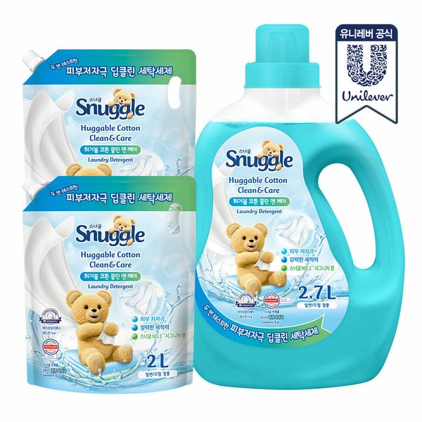 딥 클린 액체세제 허거블 코튼 클린앤케어 2.7L + 2L x 2개