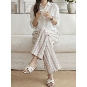 여성 26SS 하이라이즈 크롭 와이드 레그 풀온 밴딩 스트라이프 팬츠