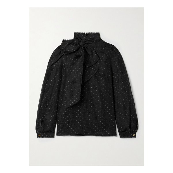 푸시 보우 레이스 트리밍 폴카 도트 리넨 실크 혼방 오간자 블라우스 46376663162947288