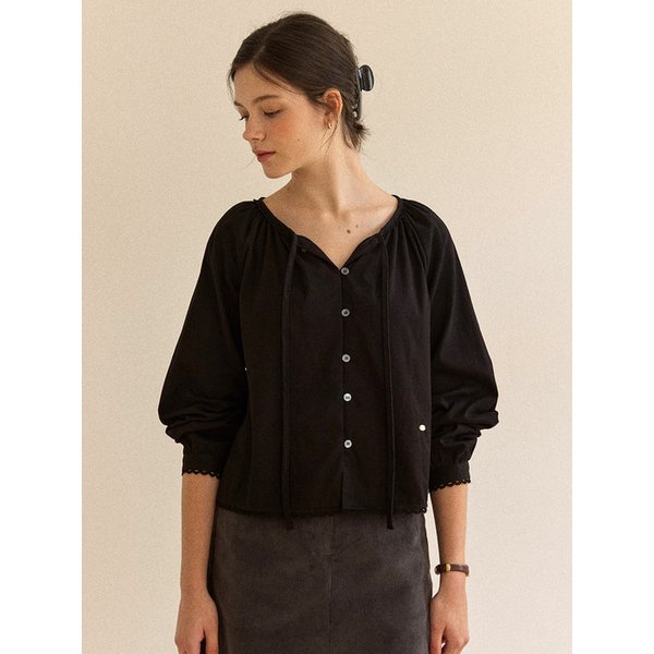 Peached Ribbon Shirring Blouse - Black