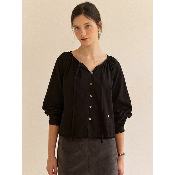 Peached Ribbon Shirring Blouse - Black