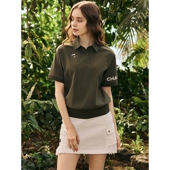 챌린저 여성 시어 스트레치 소매로고 반팔 카라 우븐탑 카키