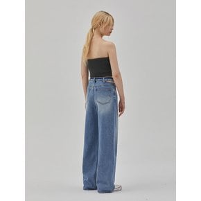 DENIM BELT SLIT WIDE PANTS BLUE