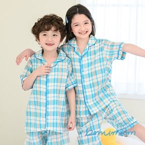 굿나잇체크 블루 레이온 반팔 잠옷