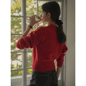 Pocket collar half zip-up knit_Red