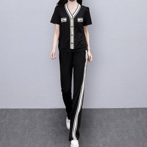 배색 라인 반팔티 팬츠 세트 레이니투피스