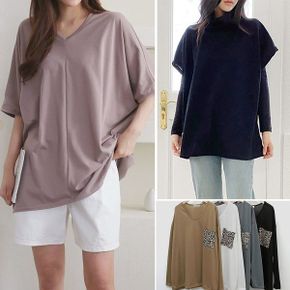 빅사이즈 폴라 조끼 긴팔 반팔 코튼 롱 브이넥 티셔츠_P333734173