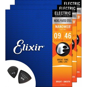 Elixir 3 009-046 + Musent 2 12027-3P 엘릭서 일렉트릭 기타 끈 세트 사용자 정의 라이트 나노