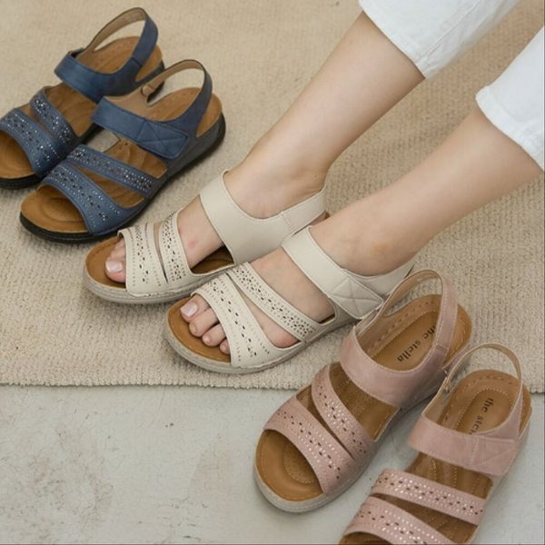 [옷자락] 여자 무지컬러 펀칭 스트랩 슬링백 발편한 샌들