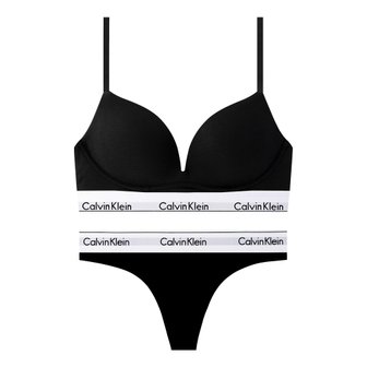 Calvin Klein CK 여성 모던 코튼 AF 플런지 푸쉬업 브라+티팬티 세트 QF7623+F3786 BLACK