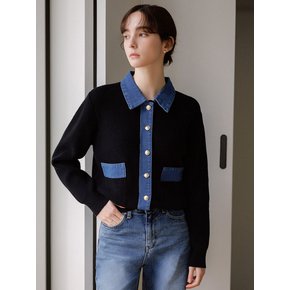 데님 배색 골드 버튼 니트 가디건_3color
