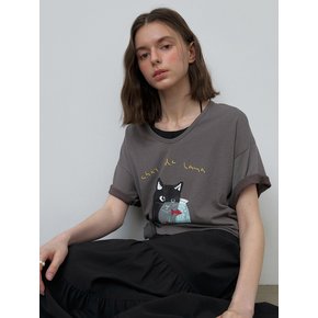 CAT PRINTED SILK T-SHIRT [CHARCOAL]