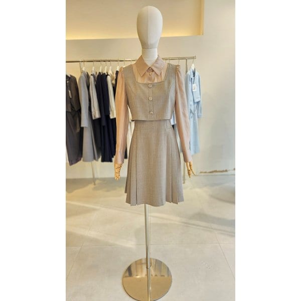 [여주점] [JJ 지고트] 여성 셔츠 배색 뷔스티에 플리츠 원피스 GS3A0OP231