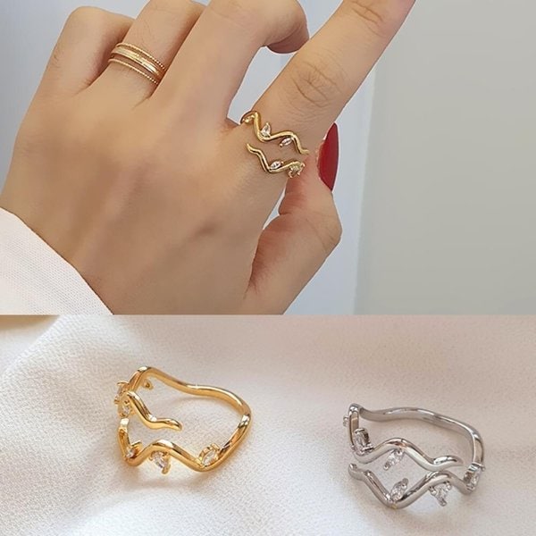 [옷자락] 여자 사계절 우아한 물결 큐빅 데일리 포인트 반지