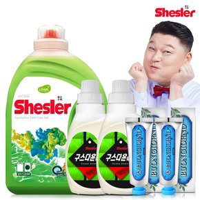 강호동의 쉬슬러 액상 세제 유칼립투스 3.05L 1개+구스다운워시전용 650ml 2개+치석케어 치약 100g 2개.