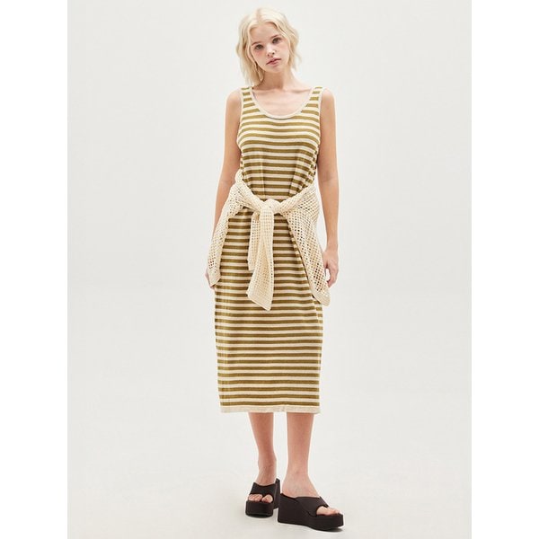 LINEN STRIPE SLEEVELESS LONG DRESS_T513DS507