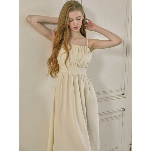 라헬 셔링 백포인트 롱 원피스 - Cream yellow