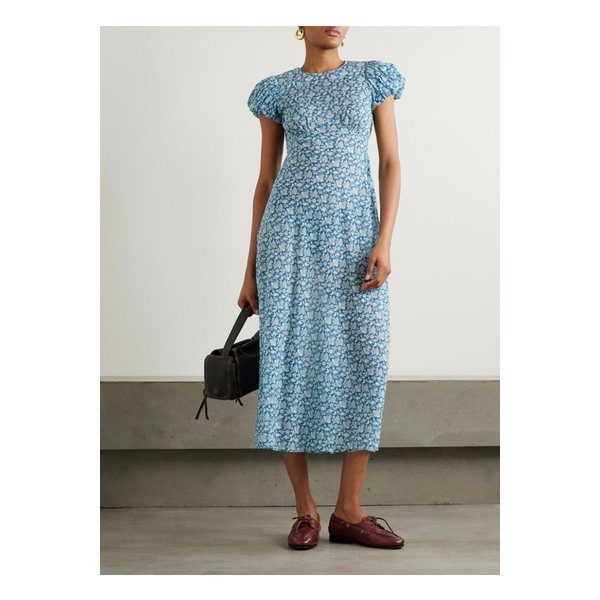 도엔 로미나 타이 디테일 플로럴 프린트  코튼 보일 미디 드레스 네이비 1647597357417975