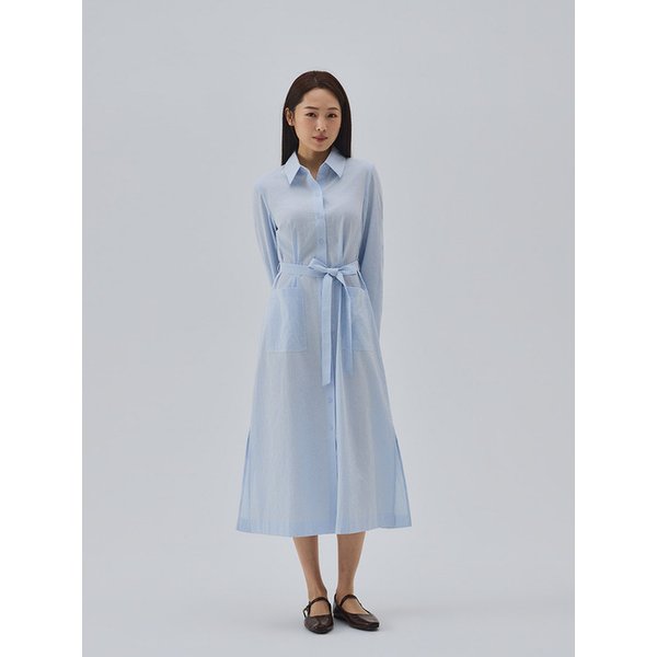 Stripe Pattern Roll-up Sleeve Shirt Dress(Light Blue)_YS26D231