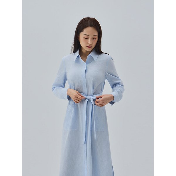 Stripe Pattern Roll-up Sleeve Shirt Dress(Light Blue)_YS26D231